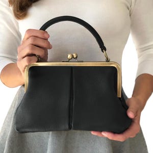 Leather Handbag – Crossbody Bag for Women “Small Olive” in Black, Top Handle Bag, Kiss Lock Bag, Shoulder Bag and Leather Purse