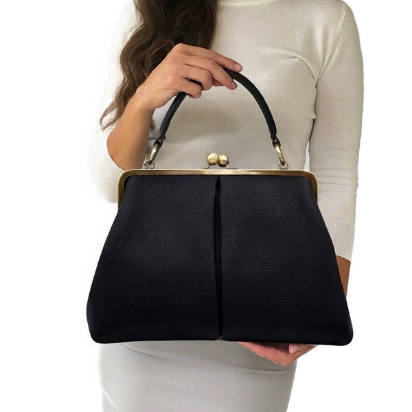 Women's Leather Bag, Kiss Lock Bag "Olivia" in black, Top Handle Bag and Shoulder Bag in Vintage Style