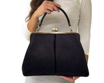 Women's Leather Bag, Kiss Lock Bag "Olivia" in black, Top Handle Bag and Shoulder Bag in Vintage Style