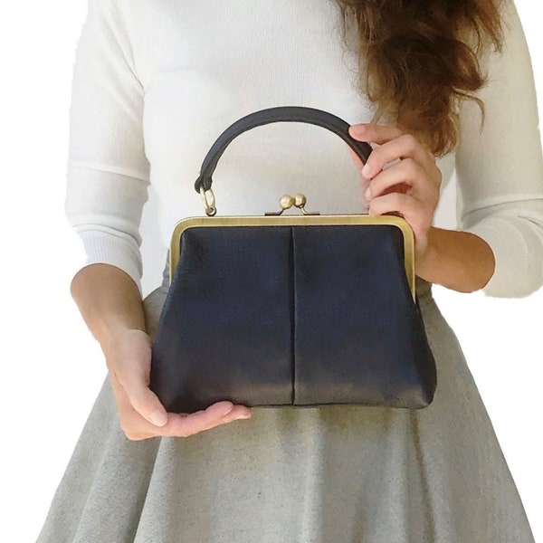 Leather Purse, Shoulder Bag Leather, "Small Olive" in dark blue, Leather Bag, Kiss Lock Purse, Top handle bag, Retro