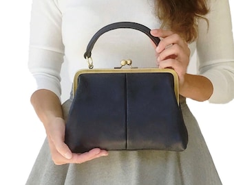 Leather Purse, Shoulder Bag Leather, "Small Olive" in dark blue, Leather Bag, Kiss Lock Purse, Top handle bag, Retro