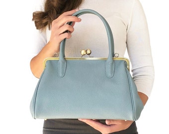 Handbags Leather, Handbags Womens "Marie" in sky blue, Kiss lock bag, top handle bag, leather shoulder bag, vintage
