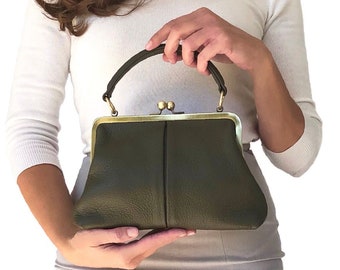 Bolso de piel para mujer de estilo vintage, pequeño oliva en verde oscuro, bolso con asa y bandolera, hecho a mano