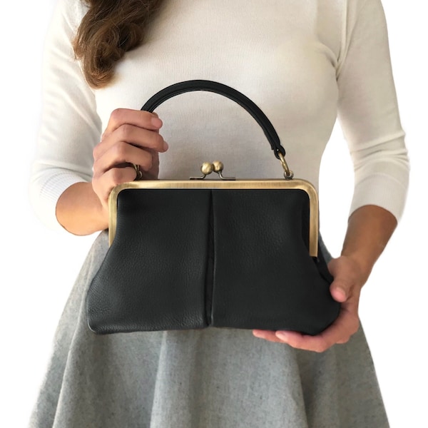 Leather Handbag, Leather Purse "Small Olive" in black, Handbags Womens, Top Handle Bag, Kiss Lock Purse, Shoulder Bag, Retro Bag