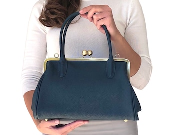 Handbags Womens, Handbags Leather "Marie" in dark blue, Kiss lock purse, top handle bag, frame handbag, vintage stil, retro