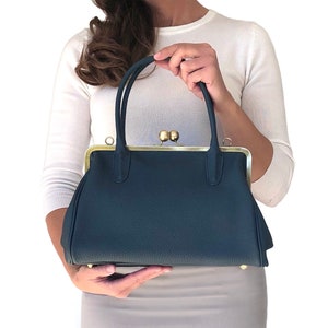 Schoudertas leer, handtas dames "Marie" in donkerblauw, hengseltas, leren hengseltas, vintage stijl, retro handtas