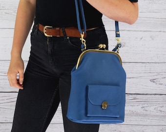 Retro Leather Purse, Vintage Handbag Leather "Grace" in blue, Leather Top handle bag, kiss lock handbag