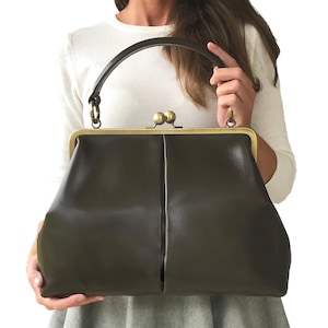 Retro Bügeltasche, Leder Handtasche "Vintage Olive" dunkelgrün, Henkeltasche,  Umhängetasche,  im Vintage Stil