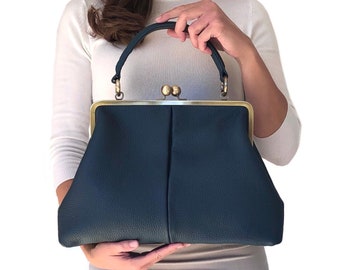 Bolso retro termoadhesivo, bolso con asa, bolso de hombro "Olivia" en azul oscuro