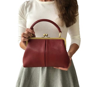 Handbags Leather, Small Leather Purse Small Olive in dark red, Leather Bag, Shoulder Bag, Top Handle Bag, Kiss Lock image 1