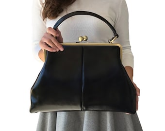 Handbags Womens, Handbags Leather "Vintage Olive" in black, Kiss Lock Handbag, Leather Bag,Top Handle Bag, Shoulder Bag, Retro, Vintage