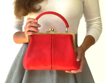 Vintage Red Leather Handbag - Small Olive | Handbag, Shoulder Bag, Leather Purse | Retro Style