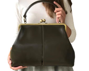 Leather handbag, Leather Purse "Vintage Olive" in dark green, Shoulder Bag, Kiss lock Bag, Kiss Lock Purse, Frame Bag, Retro