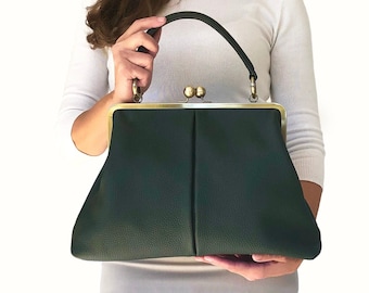 Leather handbag, Leather Purse "Olivia" in darkgreen, shoulder bag, Kiss lock Bag, Kiss lock Purse, Frame Bag, Retro