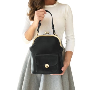 Leather Handbag, Leather Bag, Gwen in black, Kiss Lock Handbag, Leather Purse, Shoulder Bag, Top Handle Bag, Retro, Vintage image 1