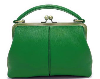 Retro leren damestas &quot;Small Olive&quot; in groen, leren handtas, tote bag, schoudertas