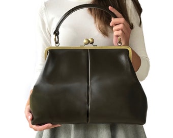 Leather handbag, Leather Purse "Vintage Olive" in darkgreen, shoulder bag, Kiss lock Bag, Kiss lock Purse, Frame Bag, Retro