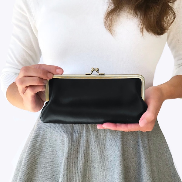 Coin Purse, Wallet Leather "Lea" in black, womens wallet, purse, pouches, handmade, clip purse, kiss lock coin purse