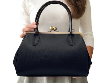 Leather Purse, Leather Handbag "Big Aurelie" in black, Kiss Lock Handbag, Top Handle Bag, Personalizable Bag