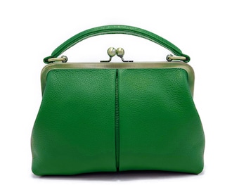 Retro Handbag - Kiss Lock Bag - Green | "Small Olive" Leather Handbag | Vintage Style