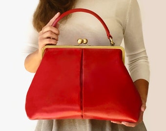 Handbags Womens, Top Handle Bag "Olive" in red, Kiss Lock Handbag, Frame Bag, Shoulder Bag Vintage