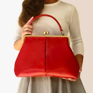 Handbags Womens, Top Handle Bag Olive in red, Kiss Lock Handbag, Frame Bag, Shoulder Bag Vintage image 1
