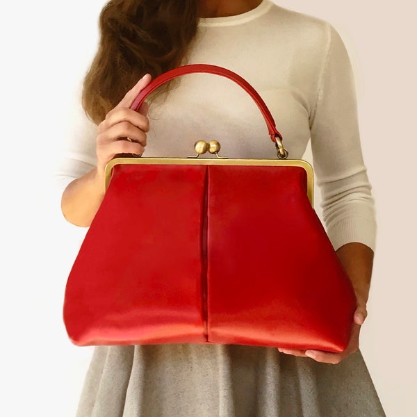 Ledertasche, Retro Handtasche "Olive" in rot, Bügeltasche, Leder Handtasche, Leder Henkeltasche, Leder Damentasche, Handtasche Vintage