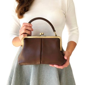 Crossbody Bags Women, Small Leather Purse Women "Little Olive" dark brown, small leather bag, kisslock purse, retro