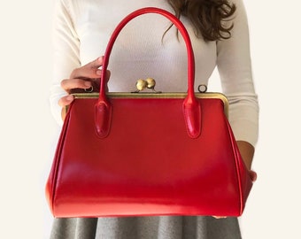 Red Kiss Lock Leather Handbag Sophie - Vintage Retro Top Handle Frame Bag for Women