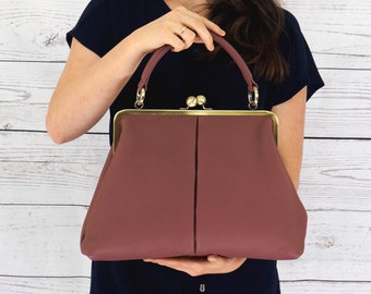 Leather Handbag, Leather Purse "Olivia" in raspberry violet, Kiss Lock Handbag, Retro, Vintage, Crossbody Bag, Top Handle