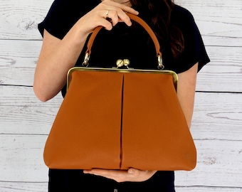 Handbag Leather, Handbags Vintage "Olivia", Kiss Lock Handbag, Top Handle Bag, Shoulder Bag, Frame Handbag