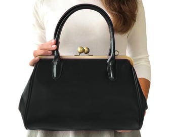 Retro handtas "Sophie" in het zwart, leren schoudertas, vintage handtas, frametas, aanpasbare handtas