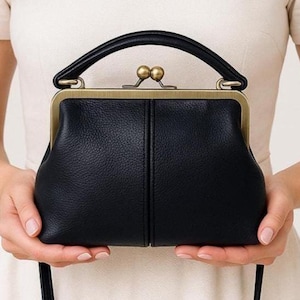 Vintage leren handtas in het zwart – schoudertas “Little Olive”, hengseltas, schoudertas, hengseltas, gemaakt van echt leer
