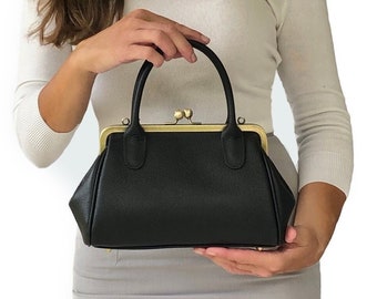 Sac en cuir pour femme "Petite Aurélie" en noir, sac à main en cuir, sac anse cuir, sac bandoulière cuir, sac à main vintage, rétro