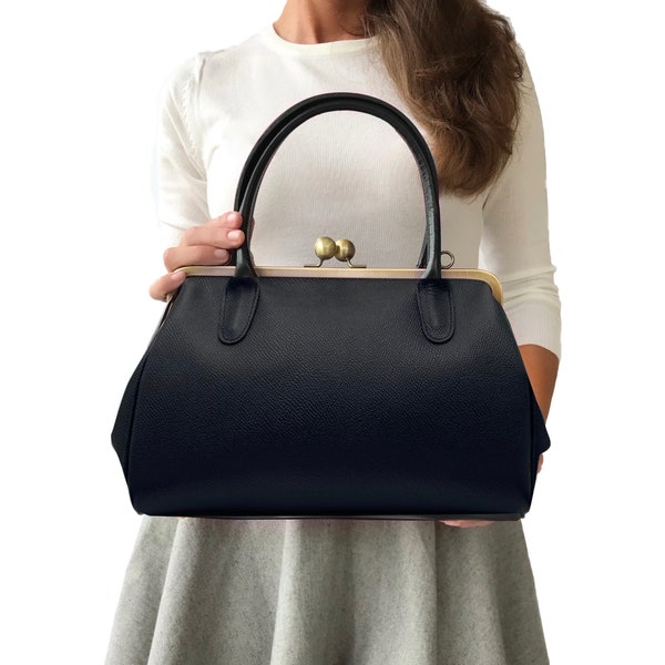 Leather handbag, Leather Purse "Aurelie" in black, shoulder bag, Kiss lock Bag, Kiss lock Purse, Frame Bag, Retro