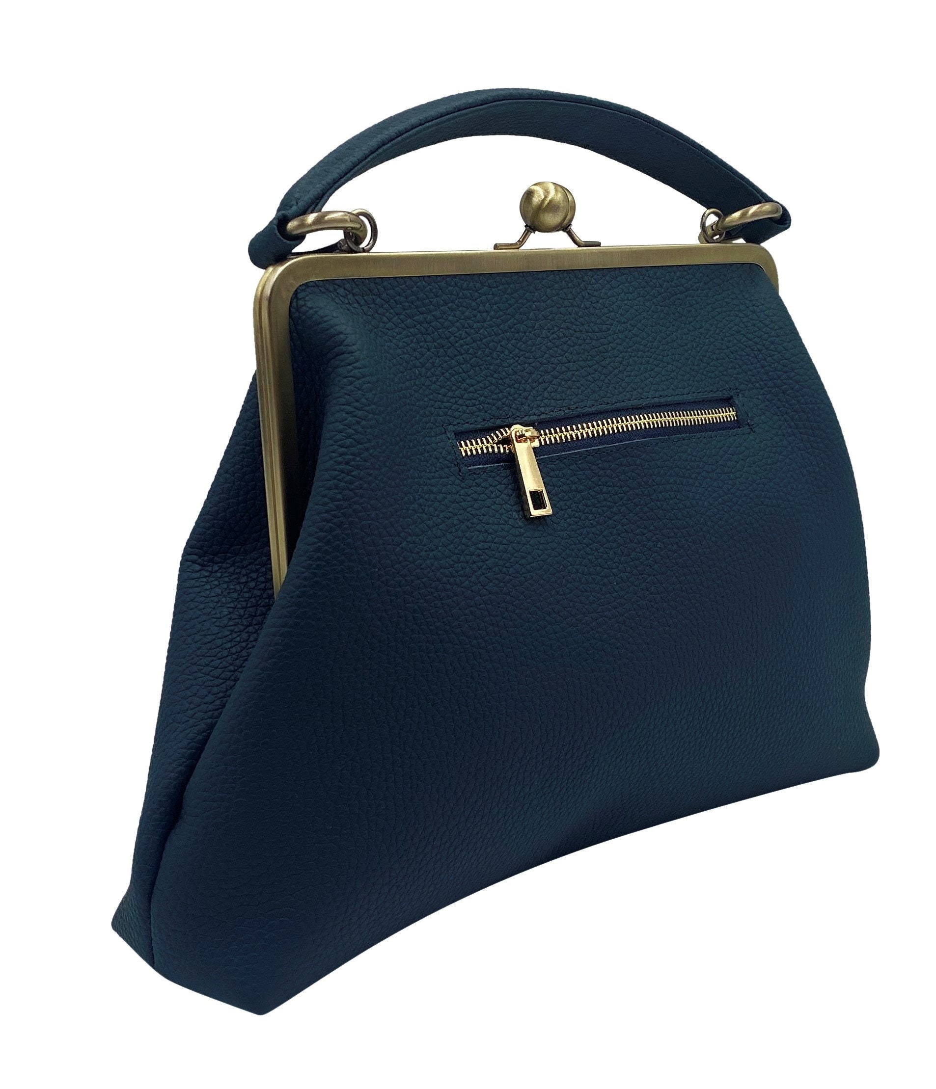 Retro Handbags Womens Kiss Lock Handbag "Olivia" in navy blue Vintage Leather Shoulder Bag Bags & Purses Handbags Top Handle Bags Kiss Lock Purse 