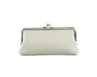 White Leather Coin Purse – Kiss Lock Wallet “Emma”, Clutch, Glasses Case, Makeup Bag, Personalized, Handmade, Vintage Style