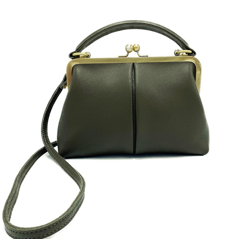 Vintage women's leather bag - Small Olive in dark green, handbag and shoulder bag, handmade image 10