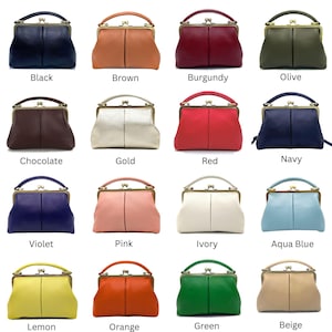 May include: A collection of sixteen structured handbags with a top handle and a metal kiss-lock clasp. Each bag features a central vertical seam and is available in various colors including black, brown, burgundy, olive, chocolate, gold, red, navy, violet, pink, ivory, aqua blue, lemon, orange, green, and beige.