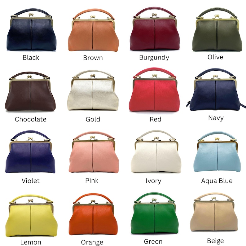 May include: A collection of sixteen structured handbags with a top handle and a metal kiss-lock clasp. Each bag features a central vertical seam and is available in various colors including black, brown, burgundy, olive, chocolate, gold, red, navy, violet, pink, ivory, aqua blue, lemon, orange, green, and beige.