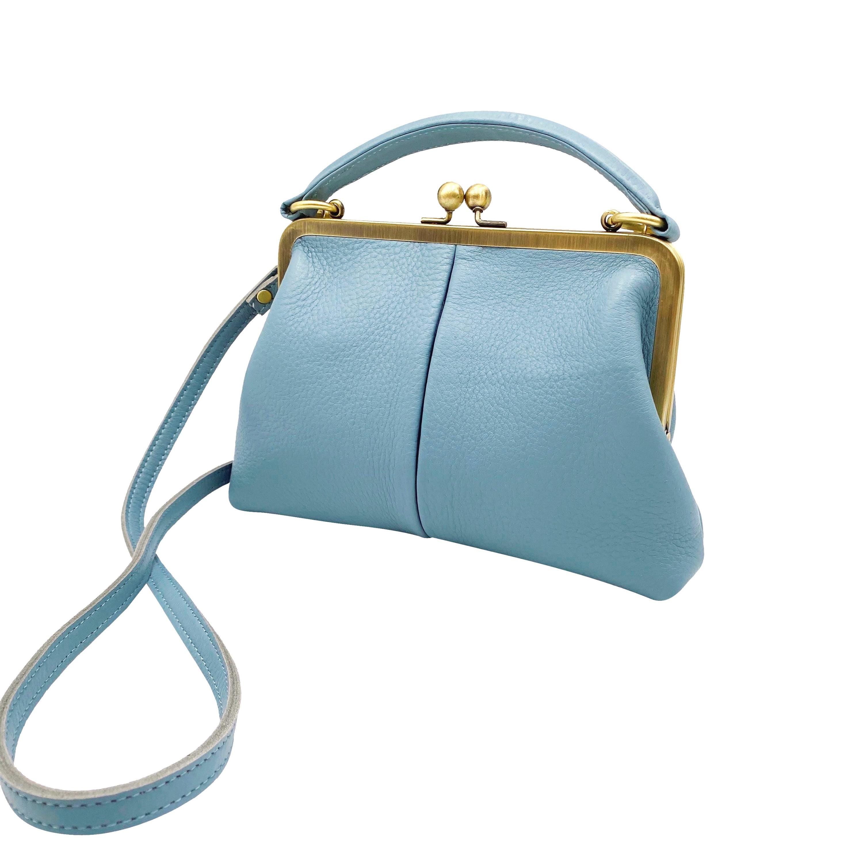 Small Olive Kiss Lock Bag - Light Blue | Leather Handbag | Top