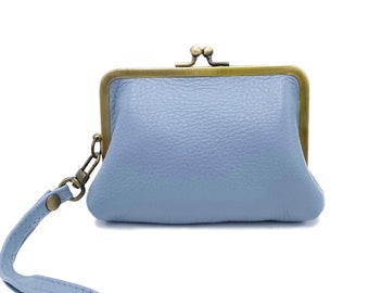 Light blue women's leather purse, clip purse 'Peggy' - Versatile use as a wristlet or clutch