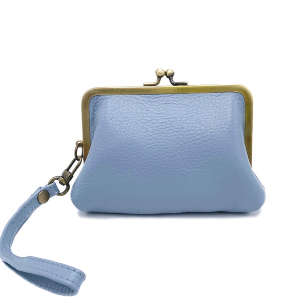 Portefeuille en cuir bleu clair pour femme, porte-monnaie à clip 'Peggy' - également comme bracelet ou pochette