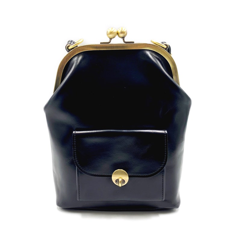 Leather Handbag, Leather Bag, Gwen in black, Kiss Lock Handbag, Leather Purse, Shoulder Bag, Top Handle Bag, Retro, Vintage image 4