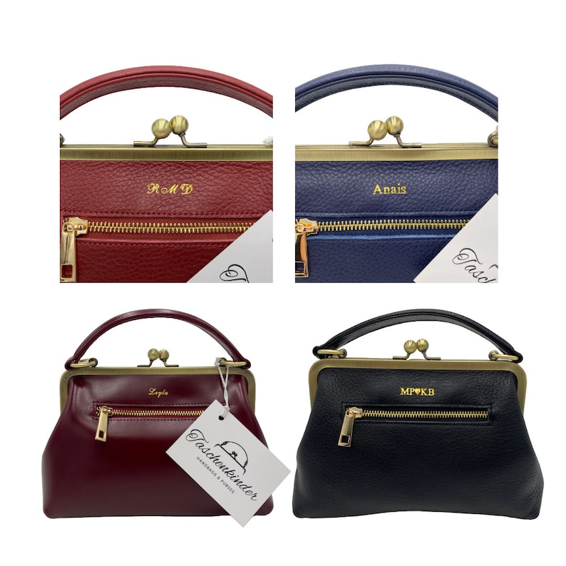 May include: Four different colored leather purses with gold clasps and zippers. The purses are personalized with names in gold lettering. The purses are all the same style and size.