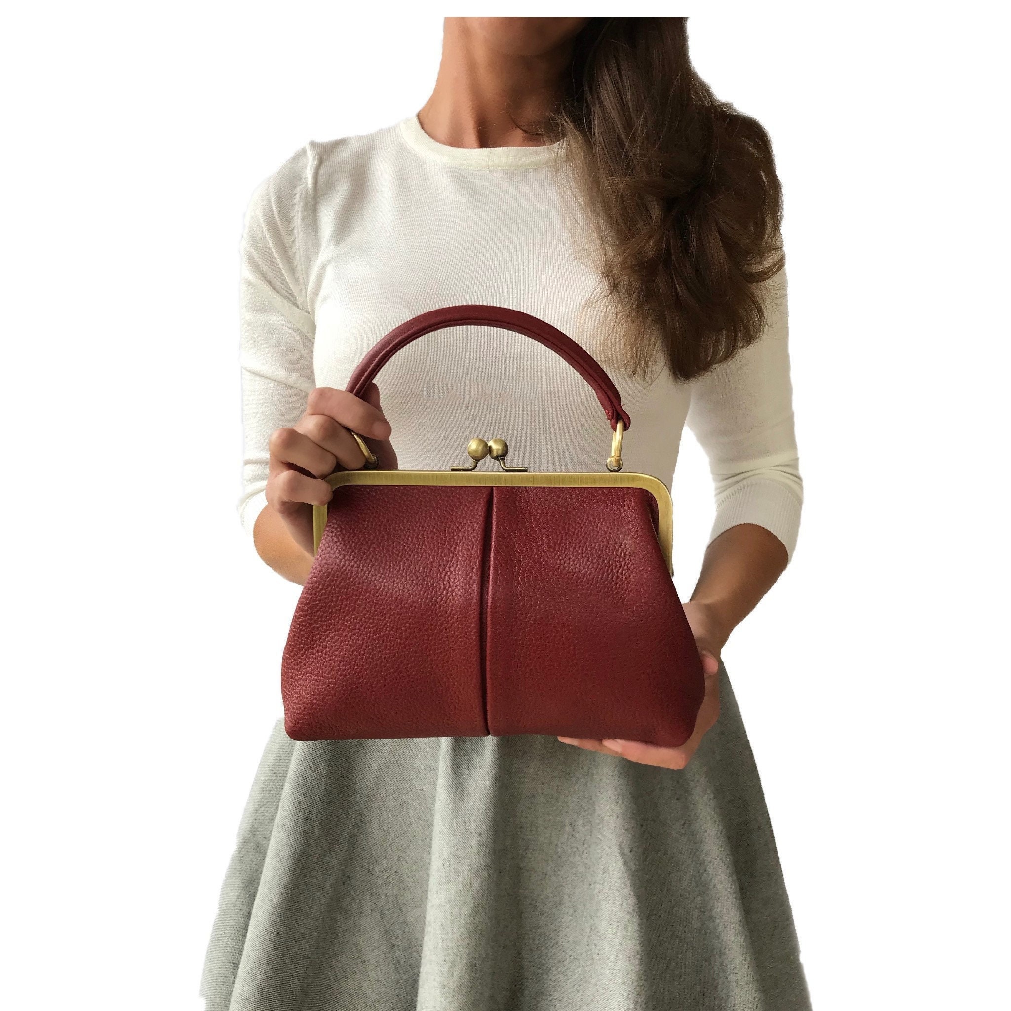 Kiss Lock - Shoulder Cross Body Leather Bag In Different Colors - Custom Little Olive Bag