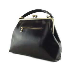 Leather handbag, Leather Purse Vintage Olive in black, shoulder bag, Kiss lock Bag, Kiss lock Purse, Frame Bag, Retro image 7