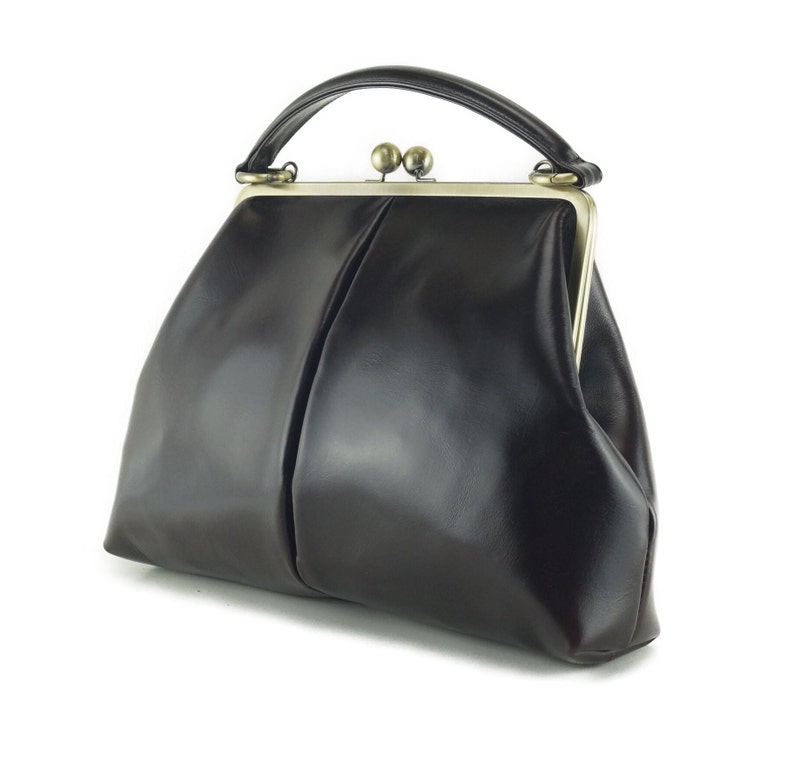 Leather handbag, Leather Purse Vintage Olive in black, shoulder bag, Kiss lock Bag, Kiss lock Purse, Frame Bag, Retro image 4