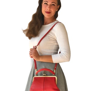 Vintage Red Leather Handbag Small Olive Handbag, Shoulder Bag, Leather Purse Retro Style image 2