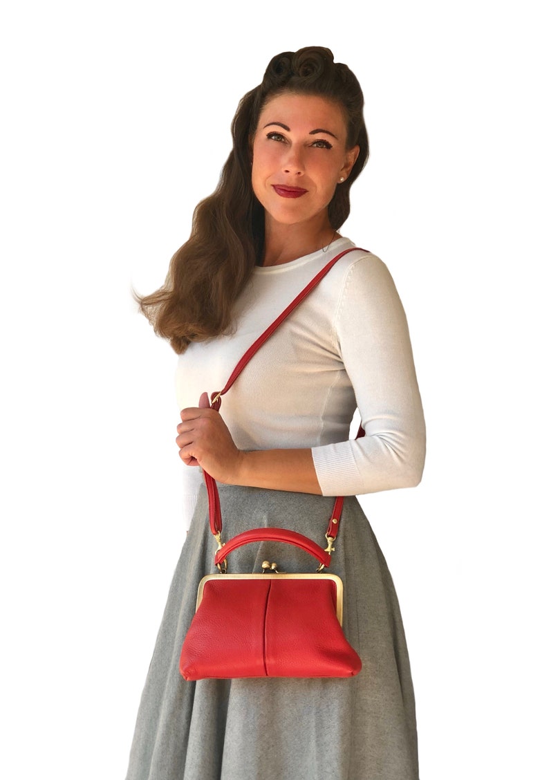 Vintage Red Leather Handbag Small Olive Handbag, Shoulder Bag, Leather Purse Retro Style image 2